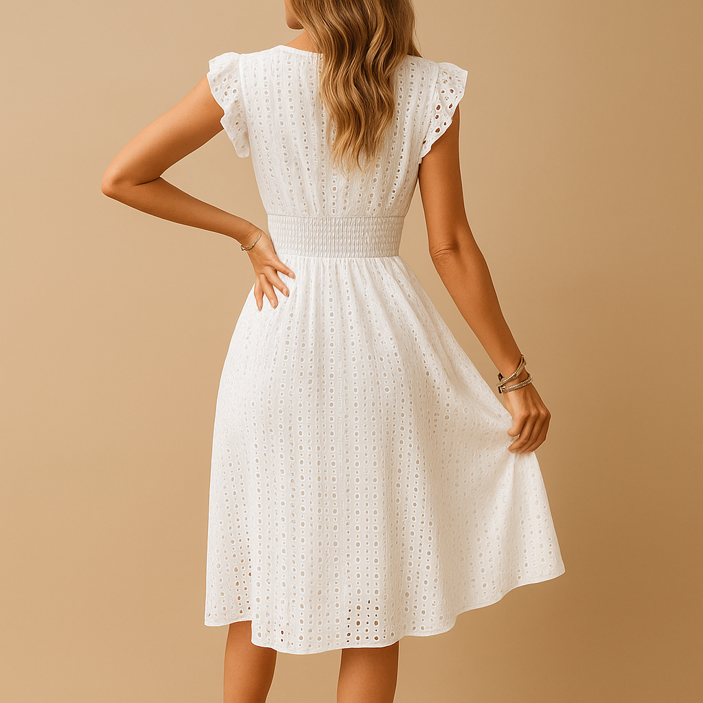 Damen Kleid | V-Ausschnitt mit Schulter-Rüschen und Taillenlinie