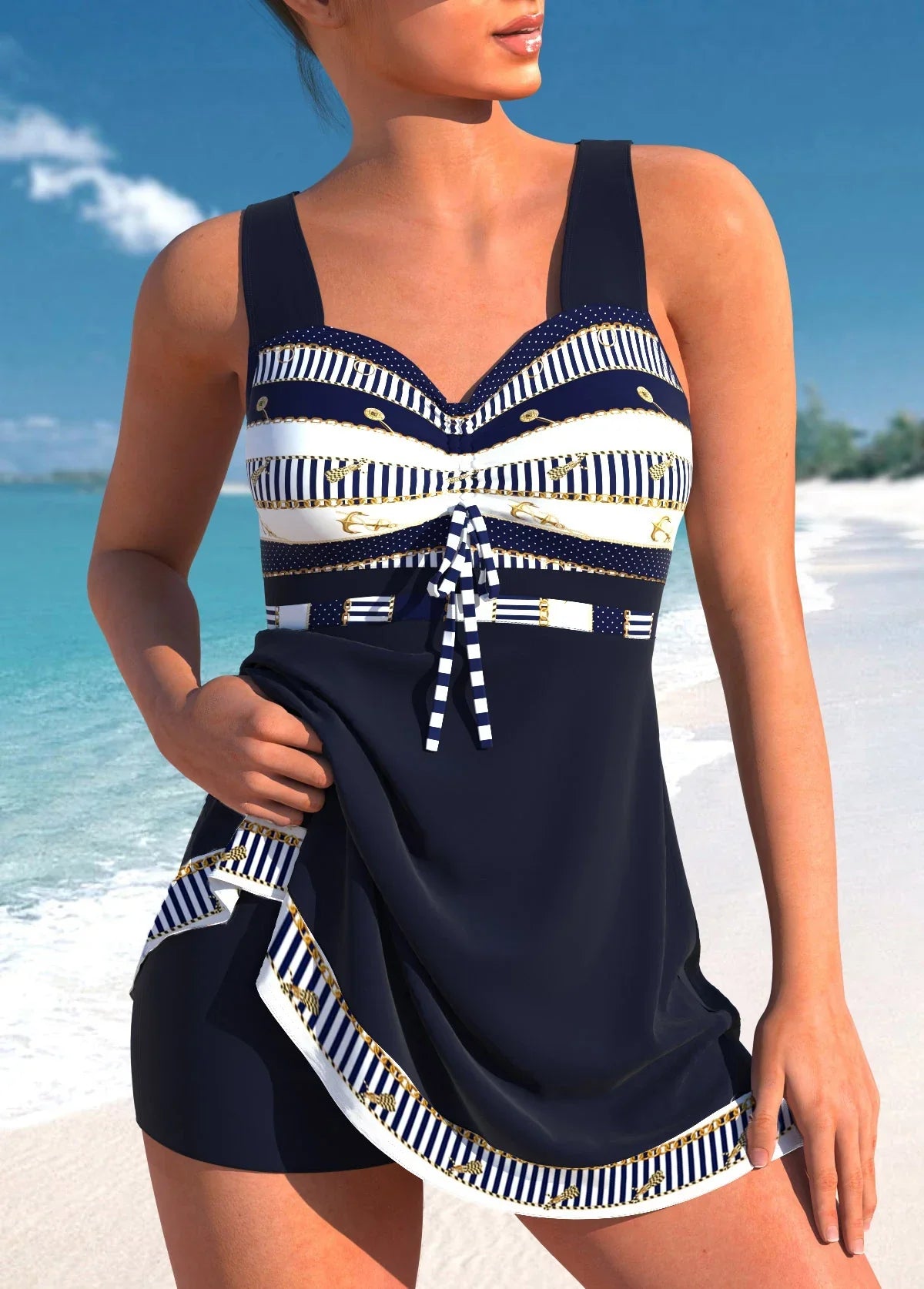 Damen Tankini | Träger mit Raffung und Bindeelement