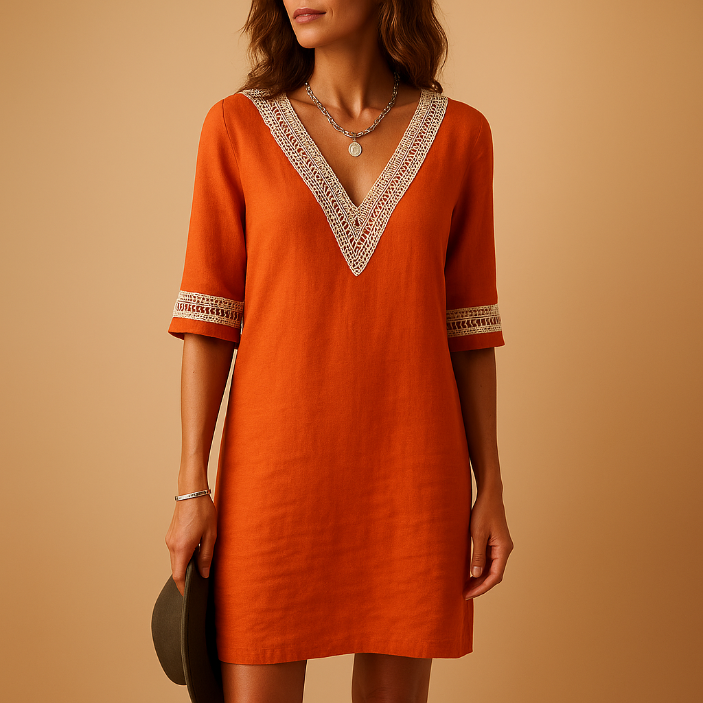 Damen Kleid | V-Ausschnitt mit Spitzenkante und Halbarm