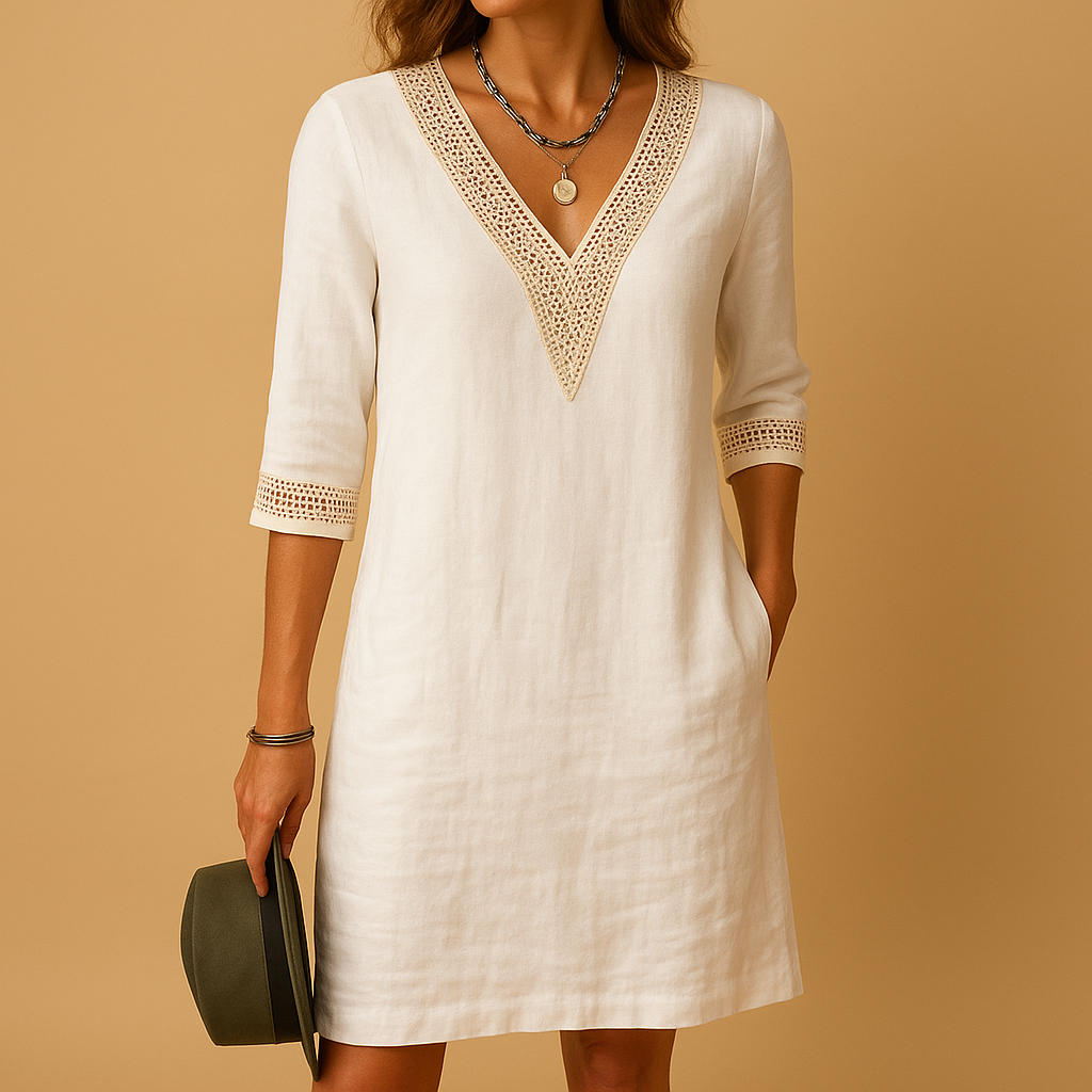 Damen Kleid | V-Ausschnitt mit Spitzenkante und Halbarm