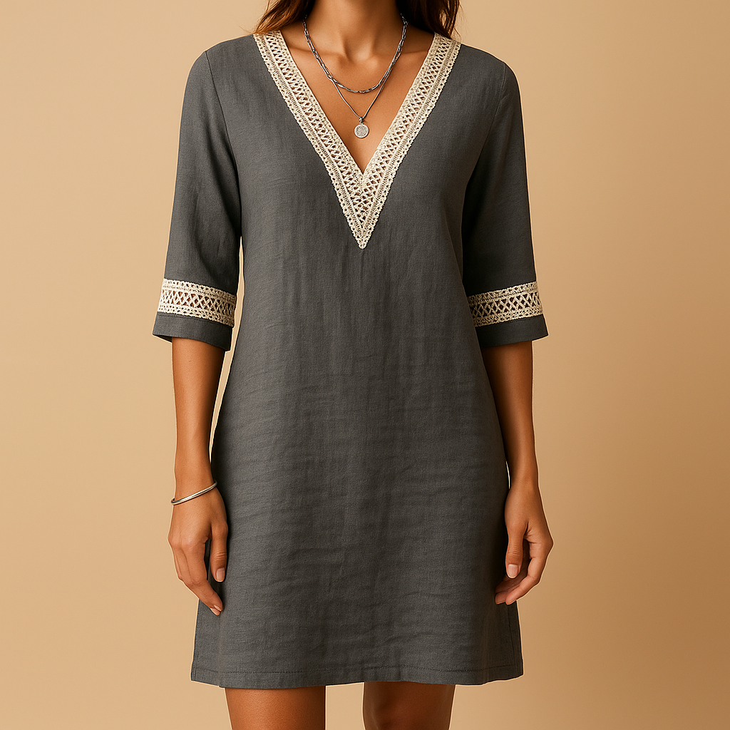 Damen Kleid | V-Ausschnitt mit Spitzenkante und Halbarm
