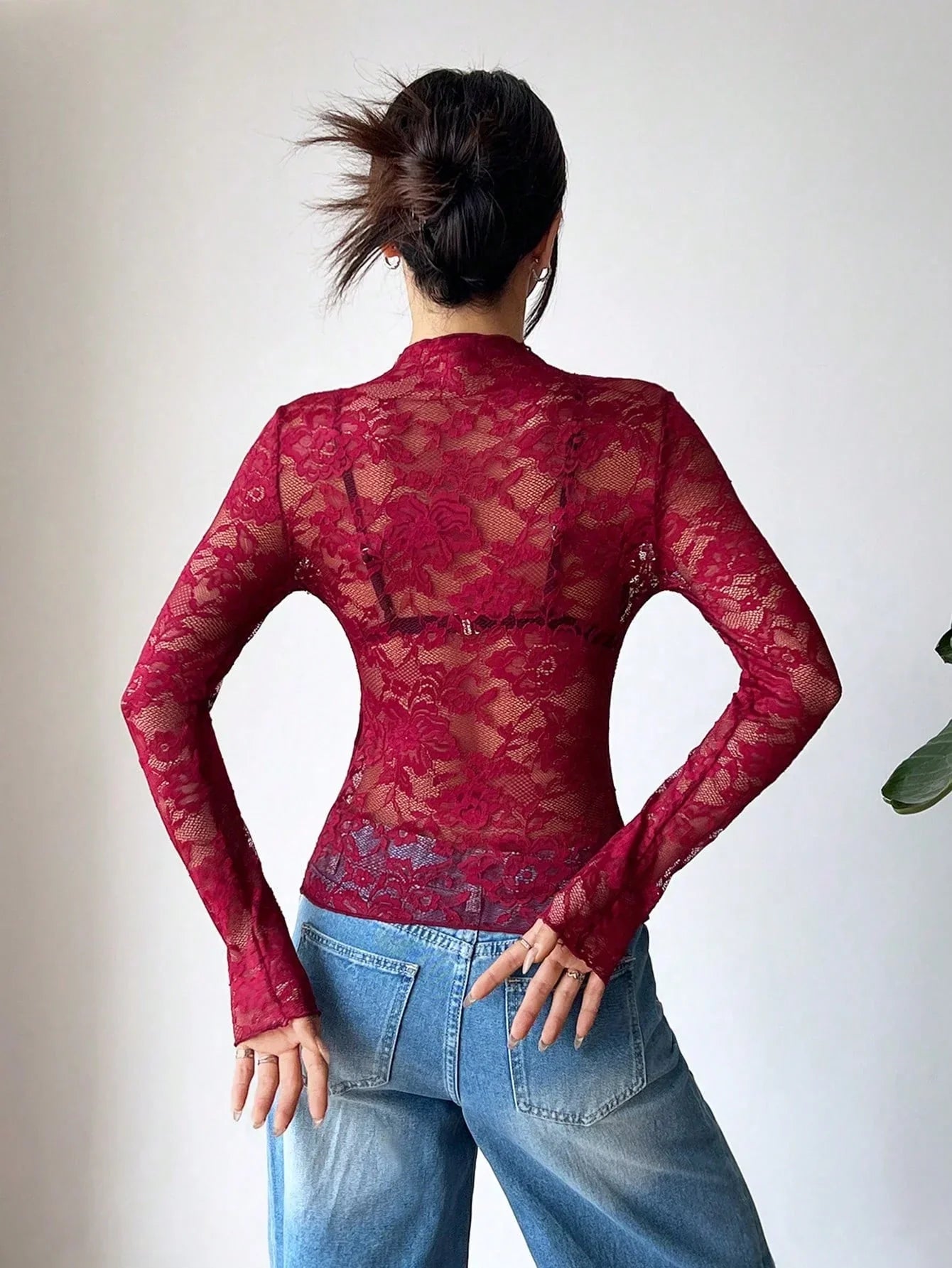 Damen Top | Transparent mit Stehkragen und langen Ärmeln