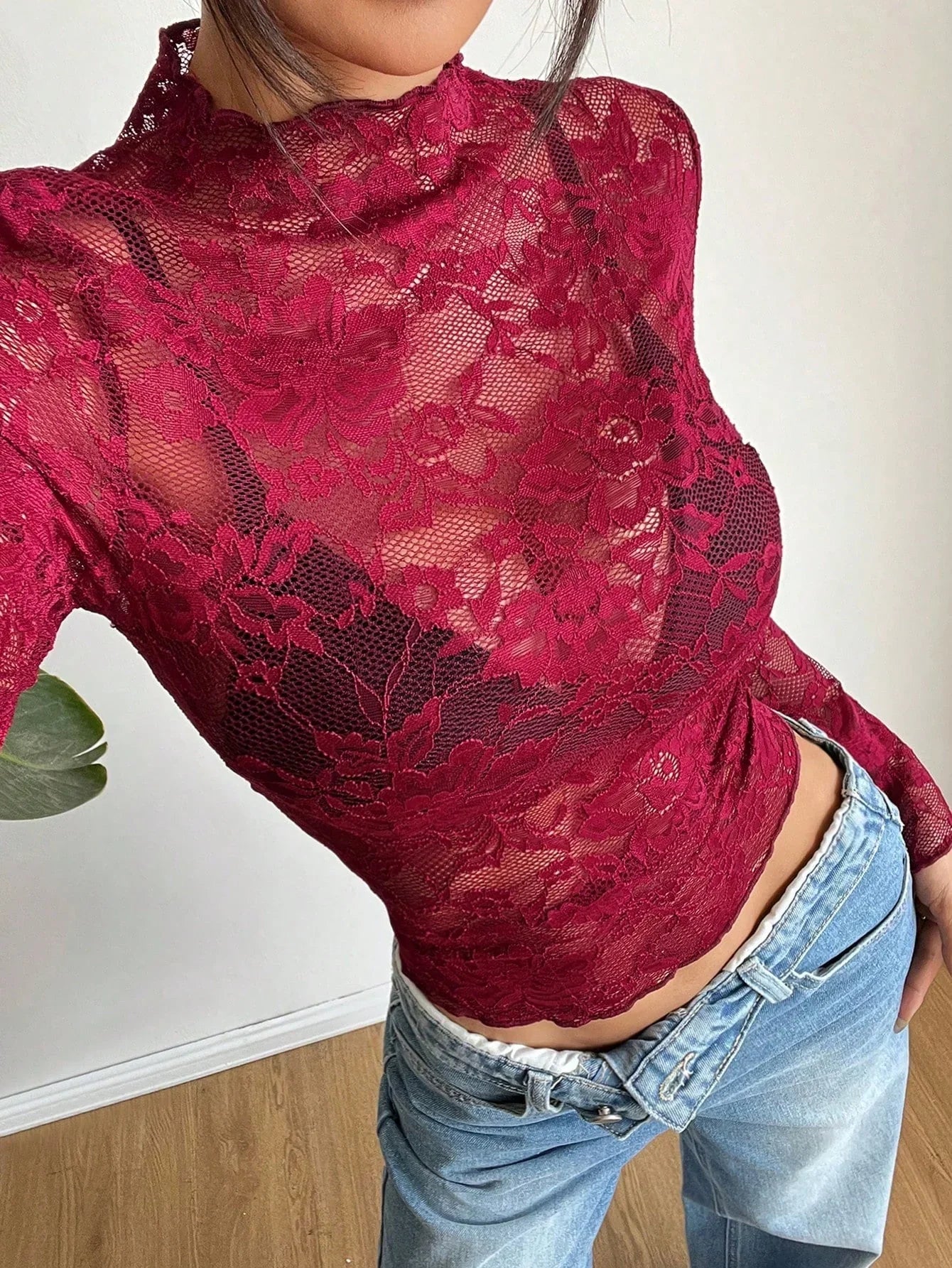 Damen Top | Transparent mit Stehkragen und langen Ärmeln