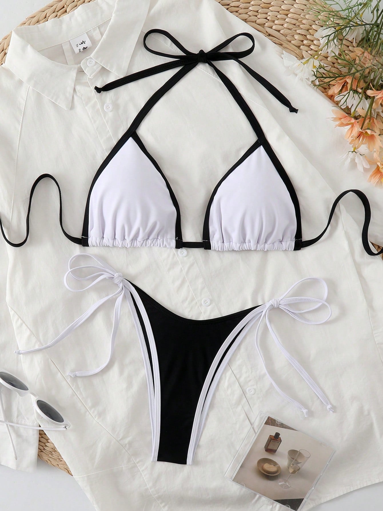 Damen Bikini Set | Triangel Top mit Kontrastkante und Bindebändern