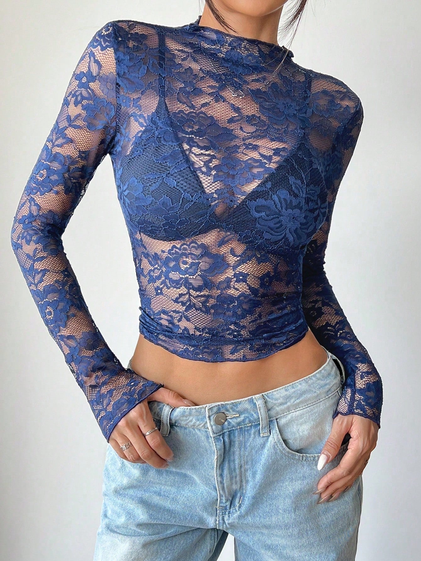 Damen Top | Transparent mit Stehkragen und langen Ärmeln