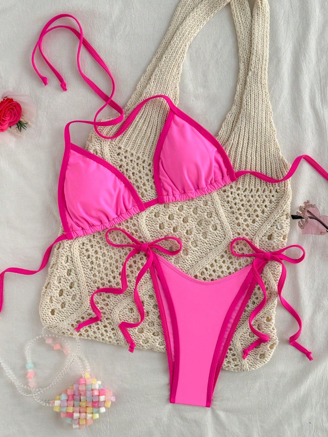Damen Bikini Set | Triangel Top mit Kontrastkante und Bindebändern
