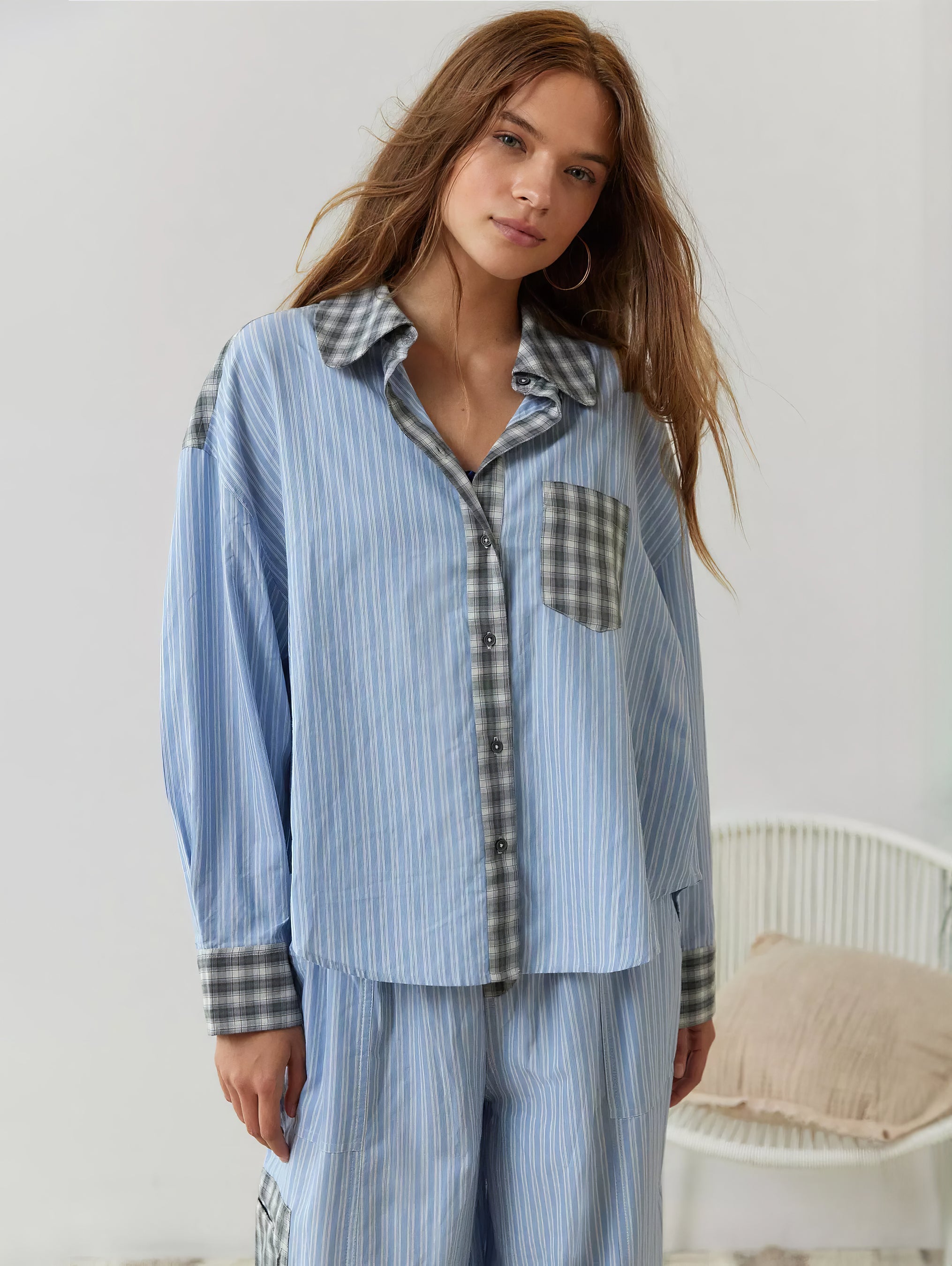 Damen Pyjama Set | Hemdoberteil mit Knopfleiste und langer Hose