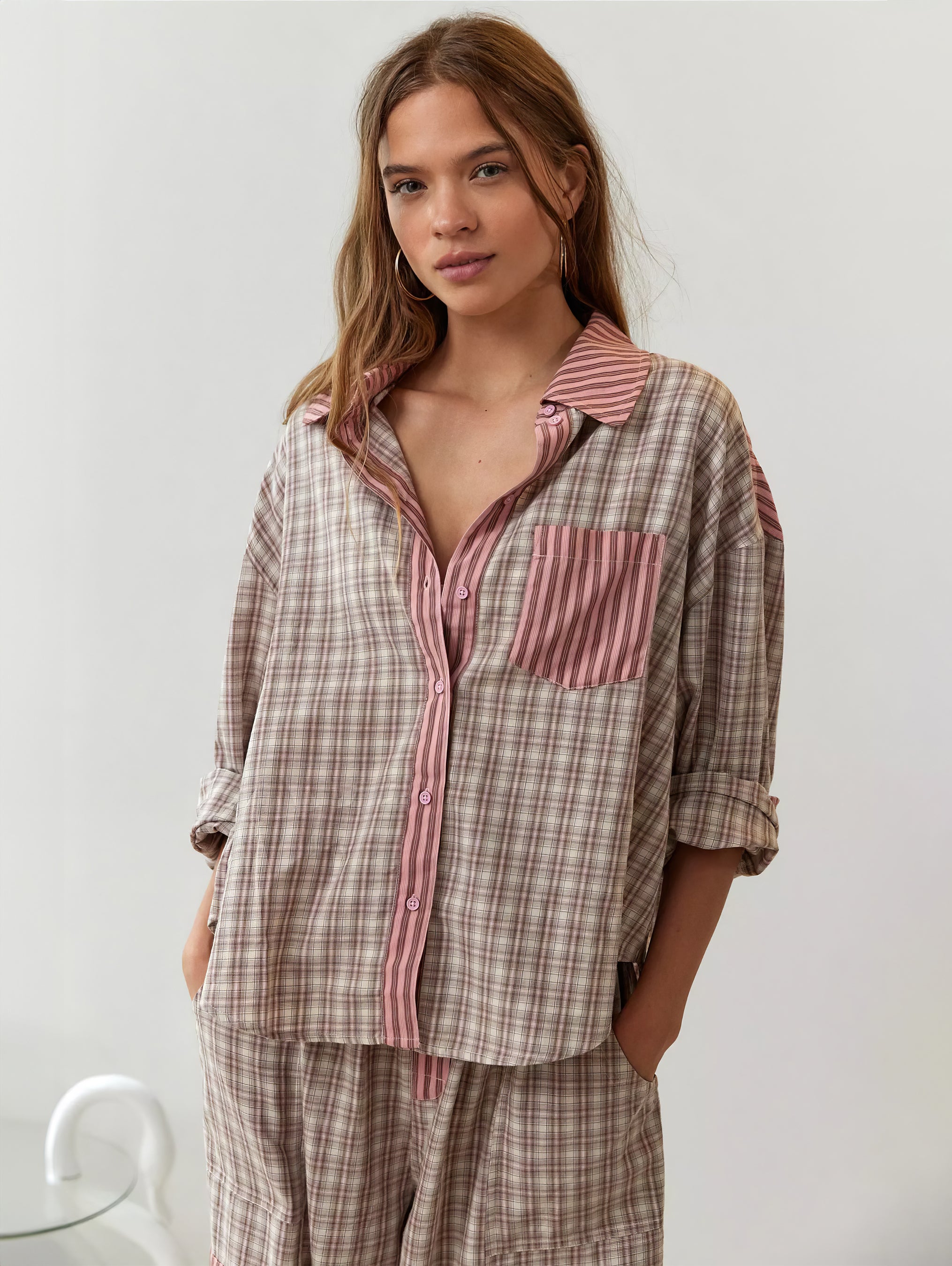 Damen Pyjama Set | Hemdoberteil mit Knopfleiste und langer Hose