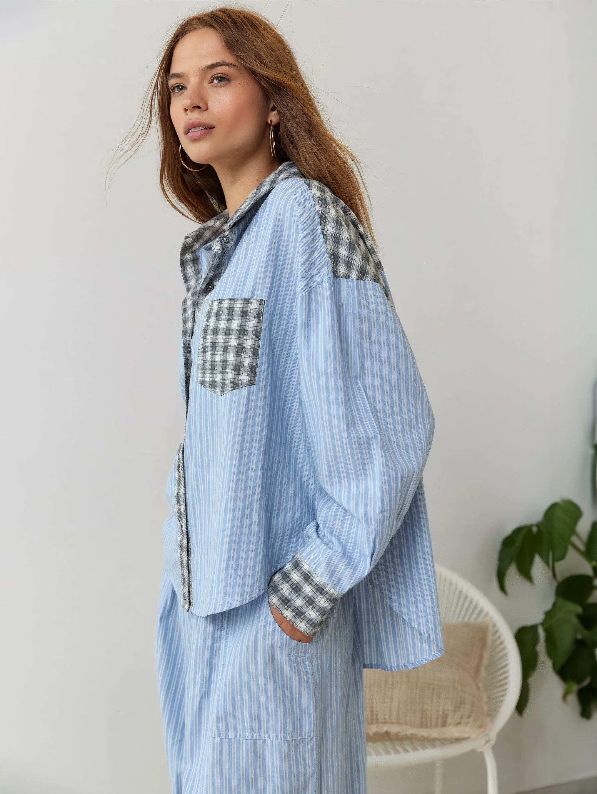Damen Pyjama Set | Hemdoberteil mit Knopfleiste und langer Hose