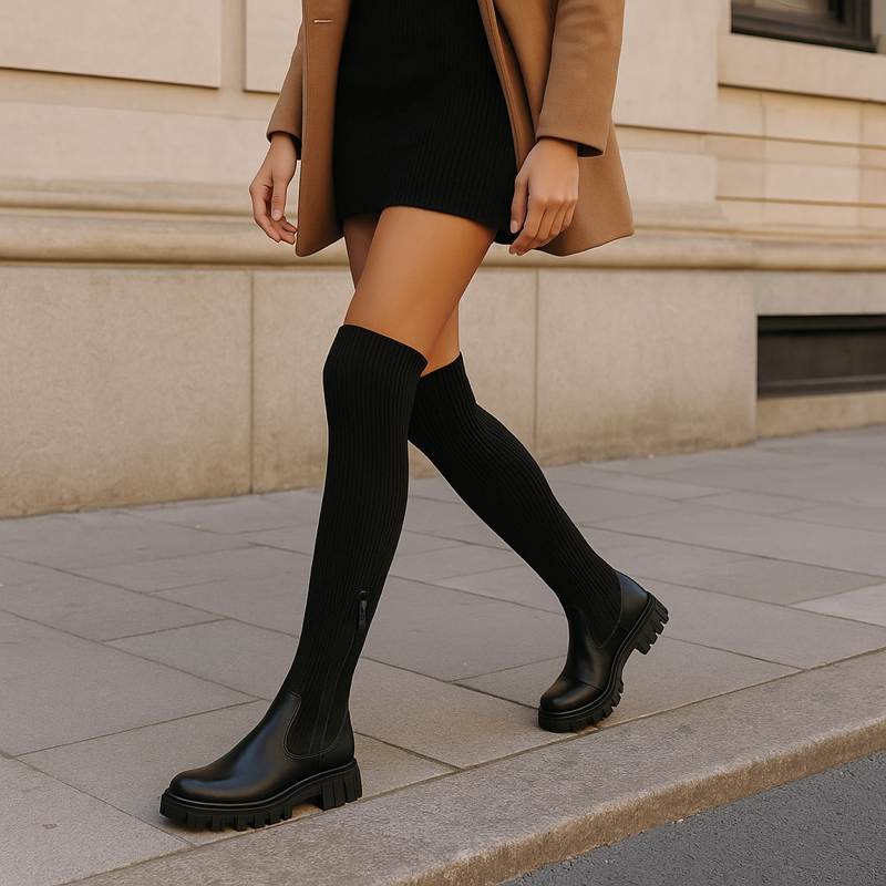 Damen Stretch-Stiefel in Schwarz, getragen mit Rock, moderne Silhouette