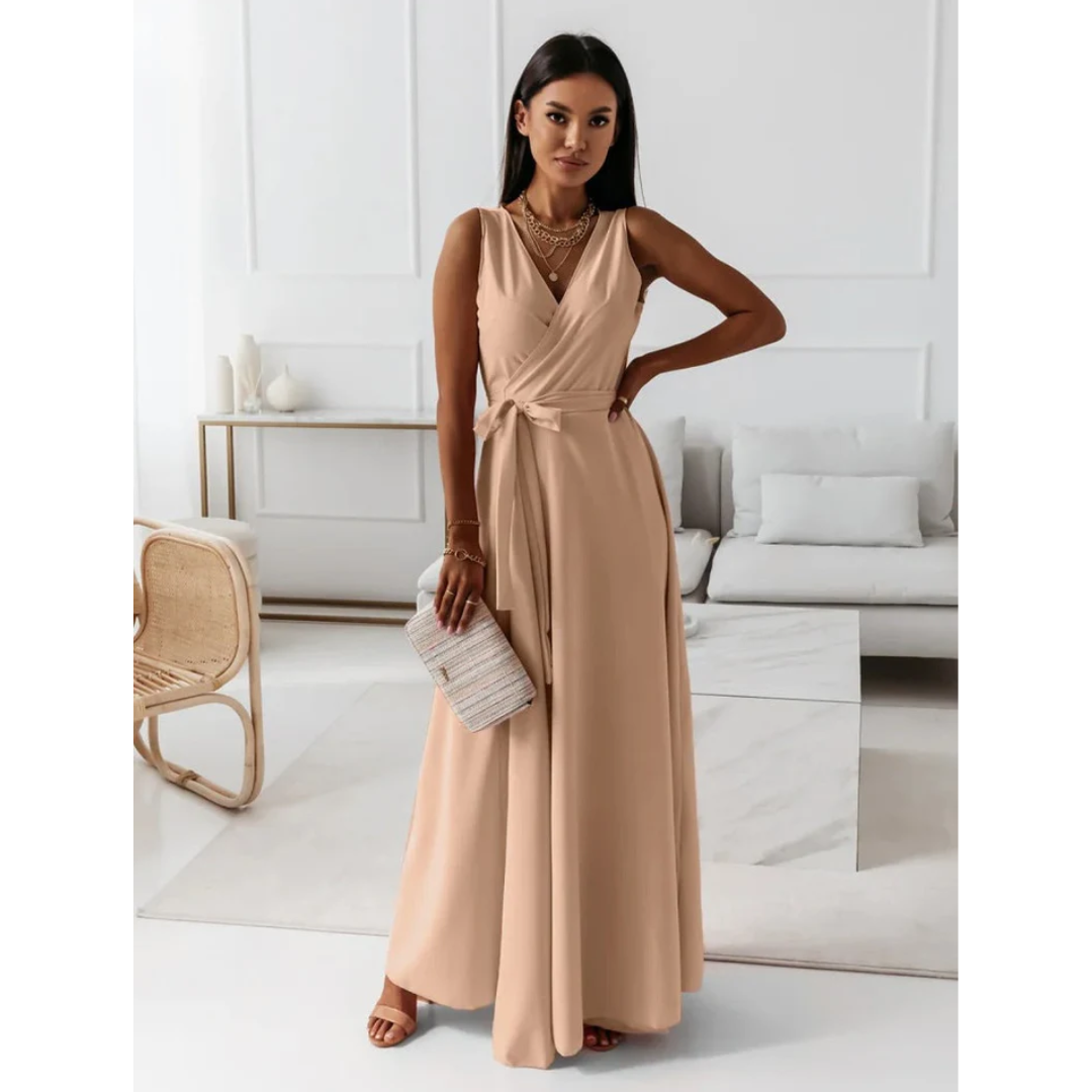 Damen Kleid | bodenlange Wickeloptik mit V-Ausschnitt