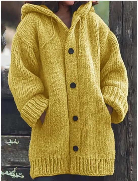 Damen Strickjacke | Lange Kapuzenausführung mit Knopfleiste