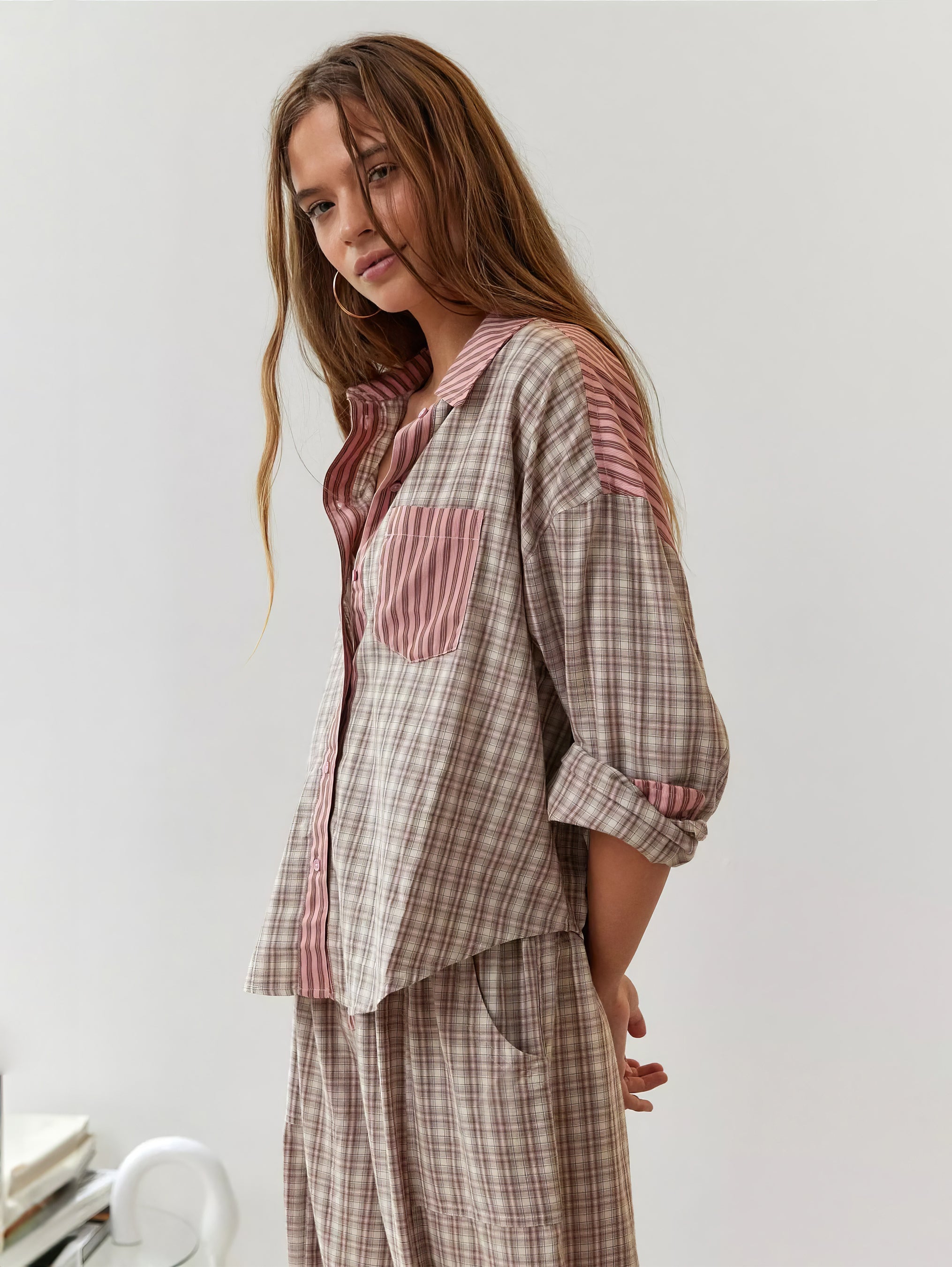 Damen Pyjama Set | Hemdoberteil mit Knopfleiste und langer Hose