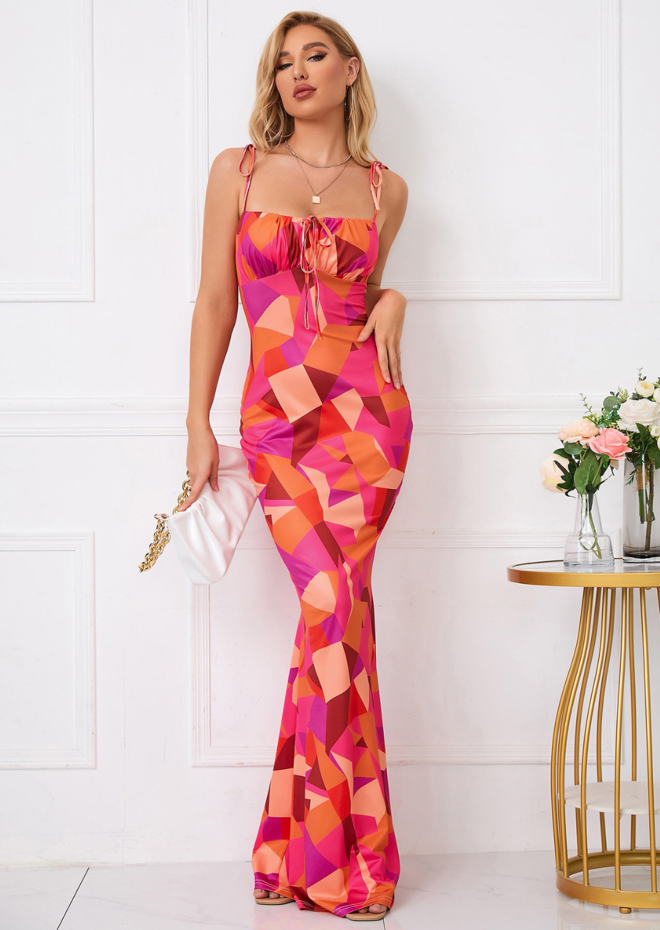 Kleid Damen | Maxikleid mit Schulterbindern und Frontkordel