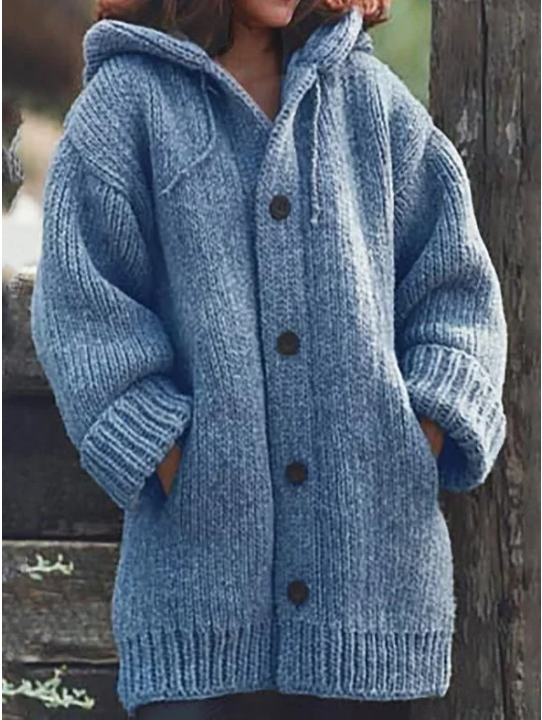 Damen Strickjacke | Lange Kapuzenausführung mit Knopfleiste