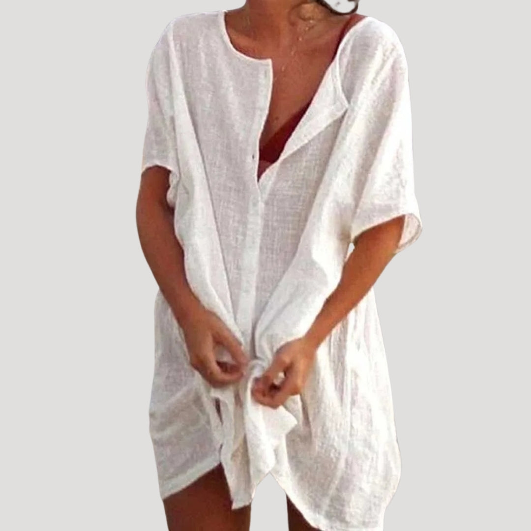 Damen Tunika Kleid | kurzarm mit V-Ausschnitt locker