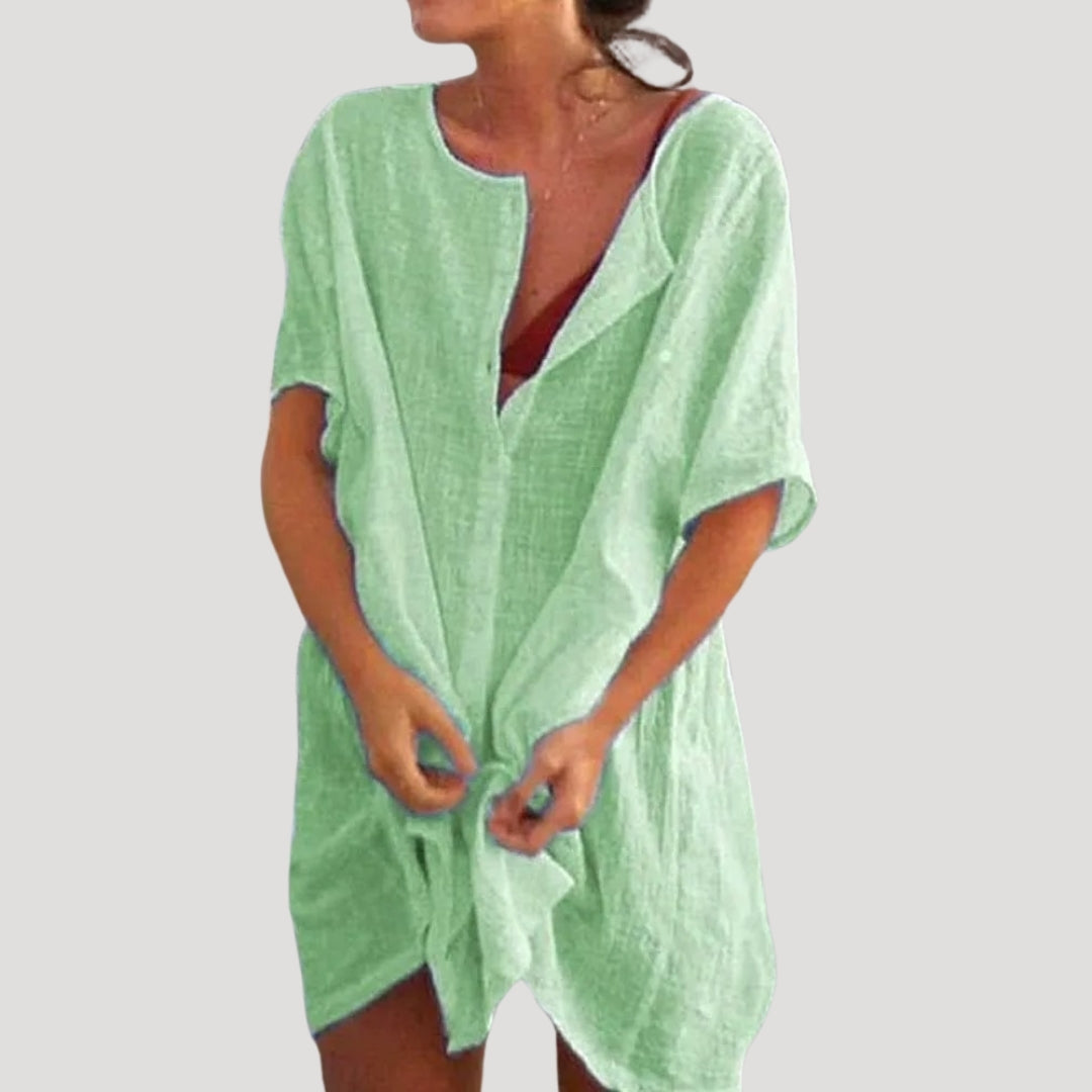 Damen Tunika Kleid | kurzarm mit V-Ausschnitt locker