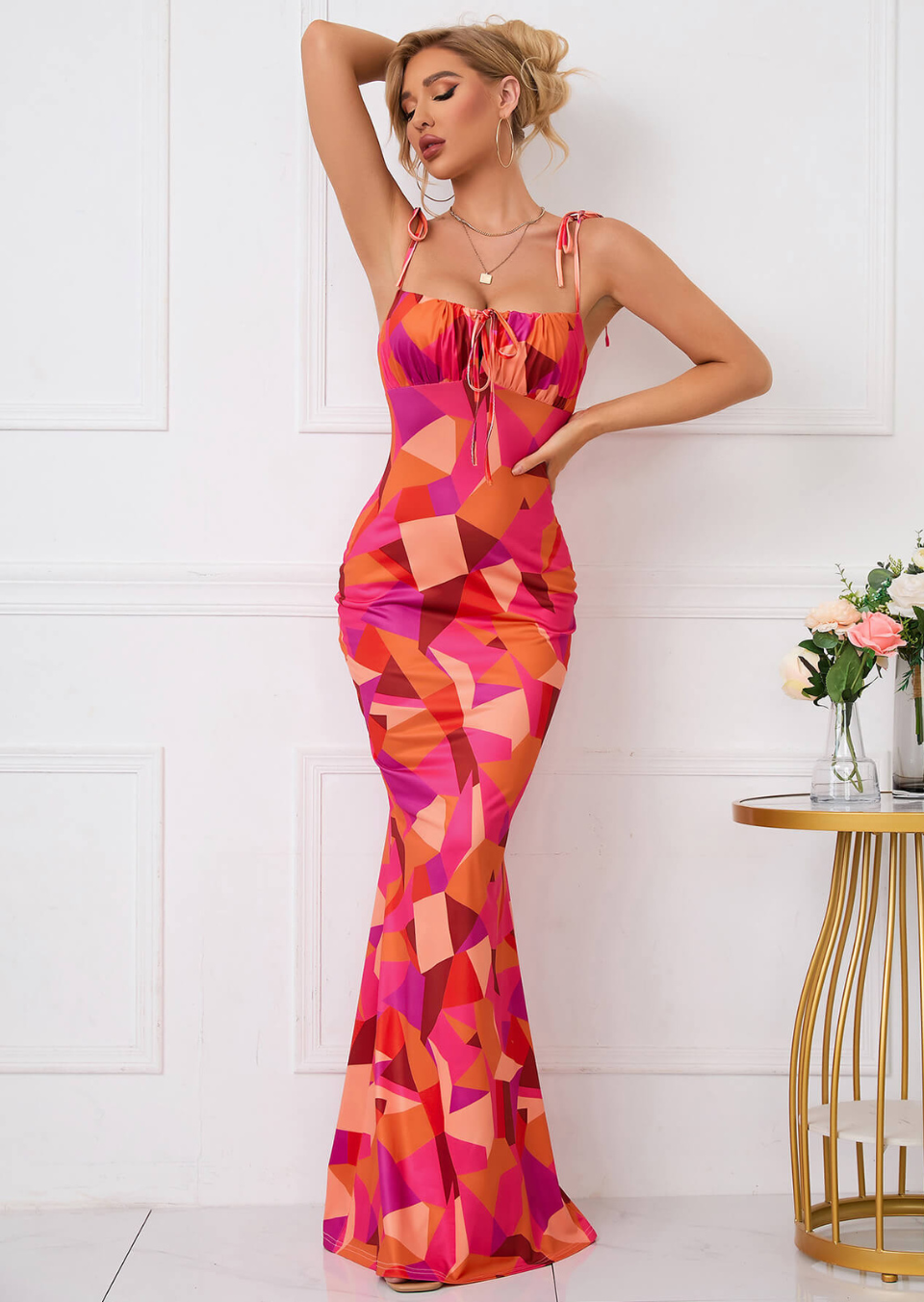Kleid Damen | Maxikleid mit Schulterbindern und Frontkordel