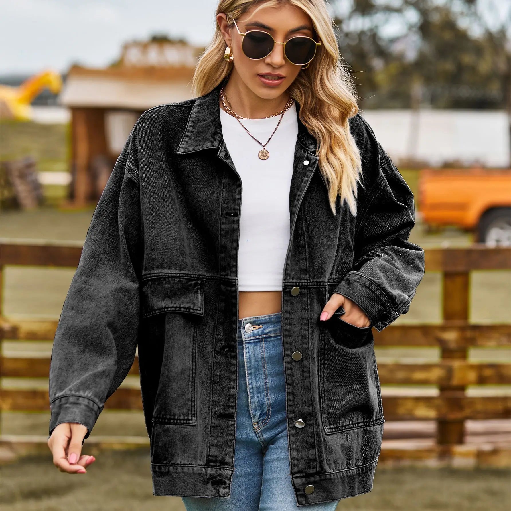 Damen Jacke | Weite Passform mit Knopfleiste und Taschen