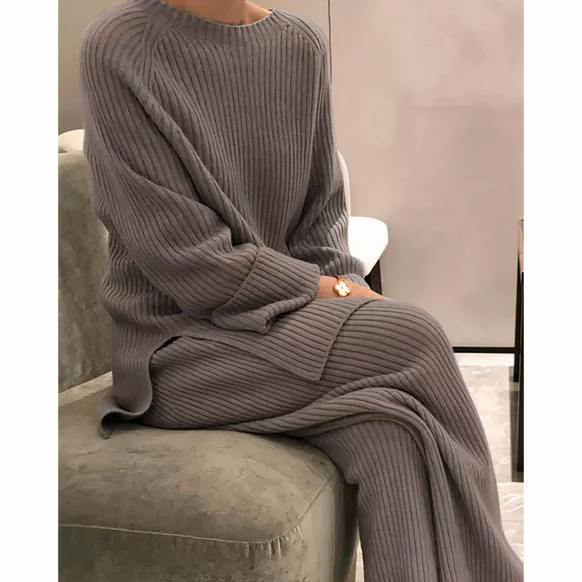 Damen Zweiteiler Set | Rundhalsoberteil mit weiter Hose