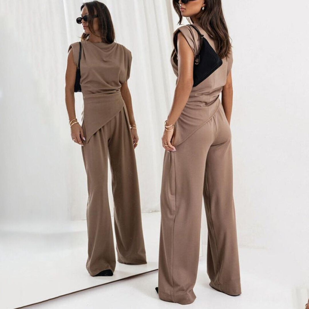 Damen Set | Ärmelloses Oberteil mit weiter Hose und Drapierung