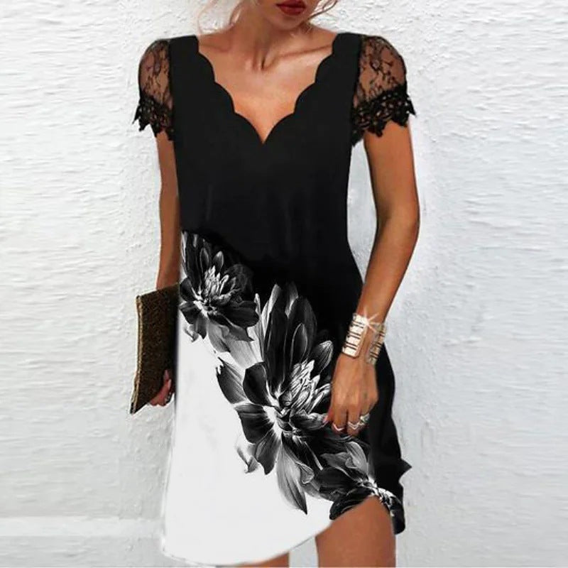 Kleid Damen | V-Ausschnitt mit Spitzenärmeln