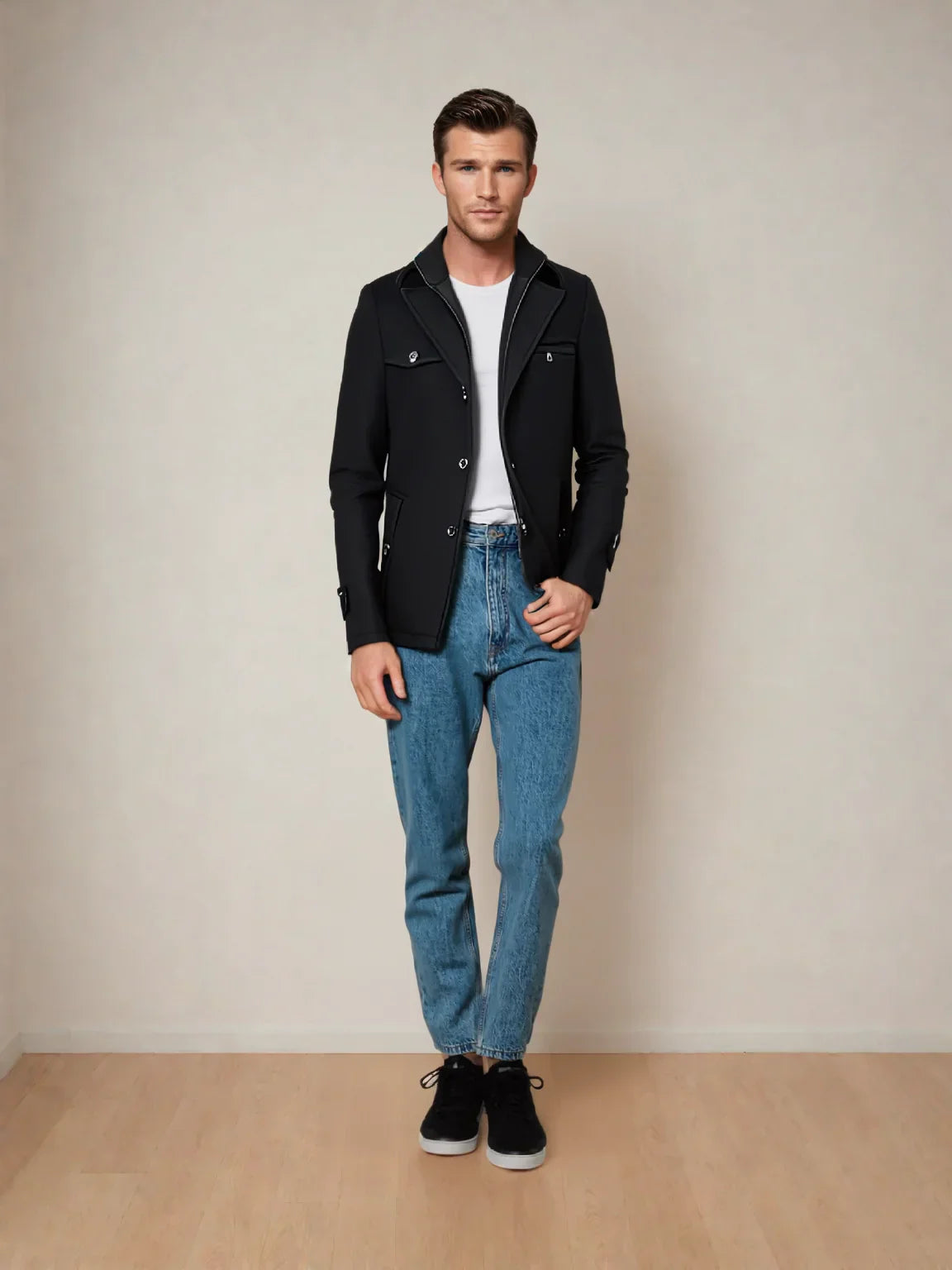 Herren Jacke | Knopfleiste mit Reißverschluss und Stehkragen