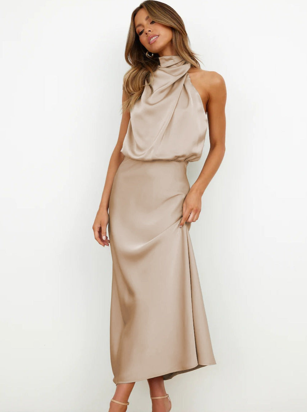 Maxikleid Damen | Halterform mit gerafftem Oberteil
