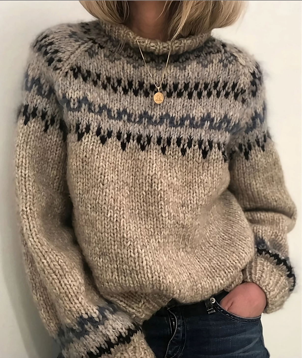 Damen Strickpullover | Hoher Kragen mit Musterstruktur