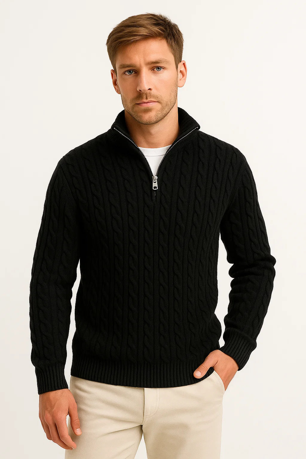 Herren Strickpullover | Kabelstruktur mit Reißverschlusskragen