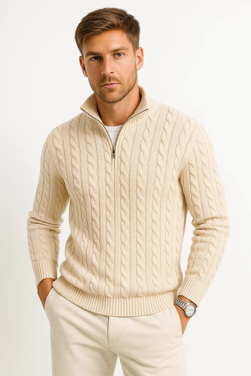 Herren Strickpullover | Kabelstruktur mit Reißverschlusskragen