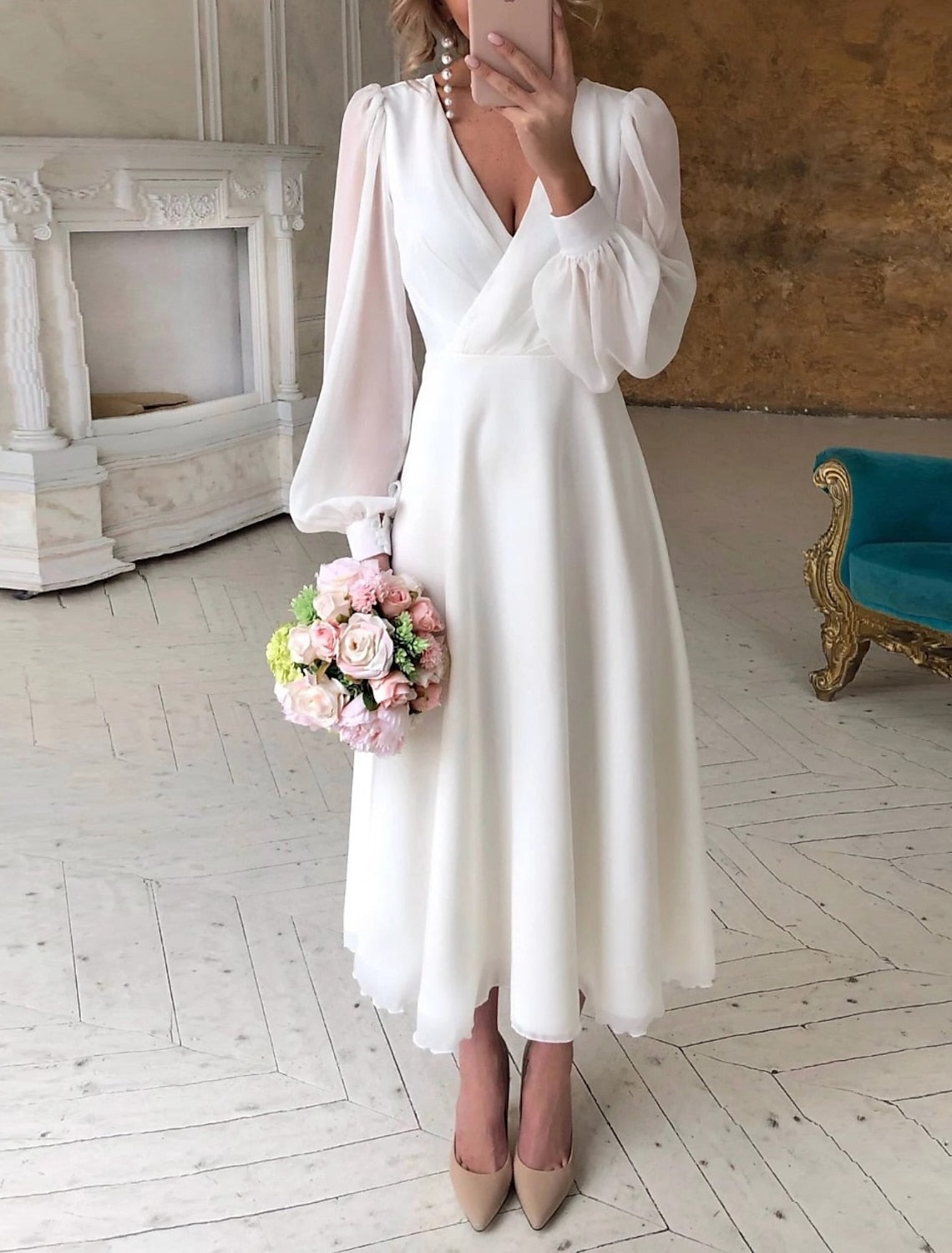 Damenkleid | Midi-Ausführung mit Puffärmeln