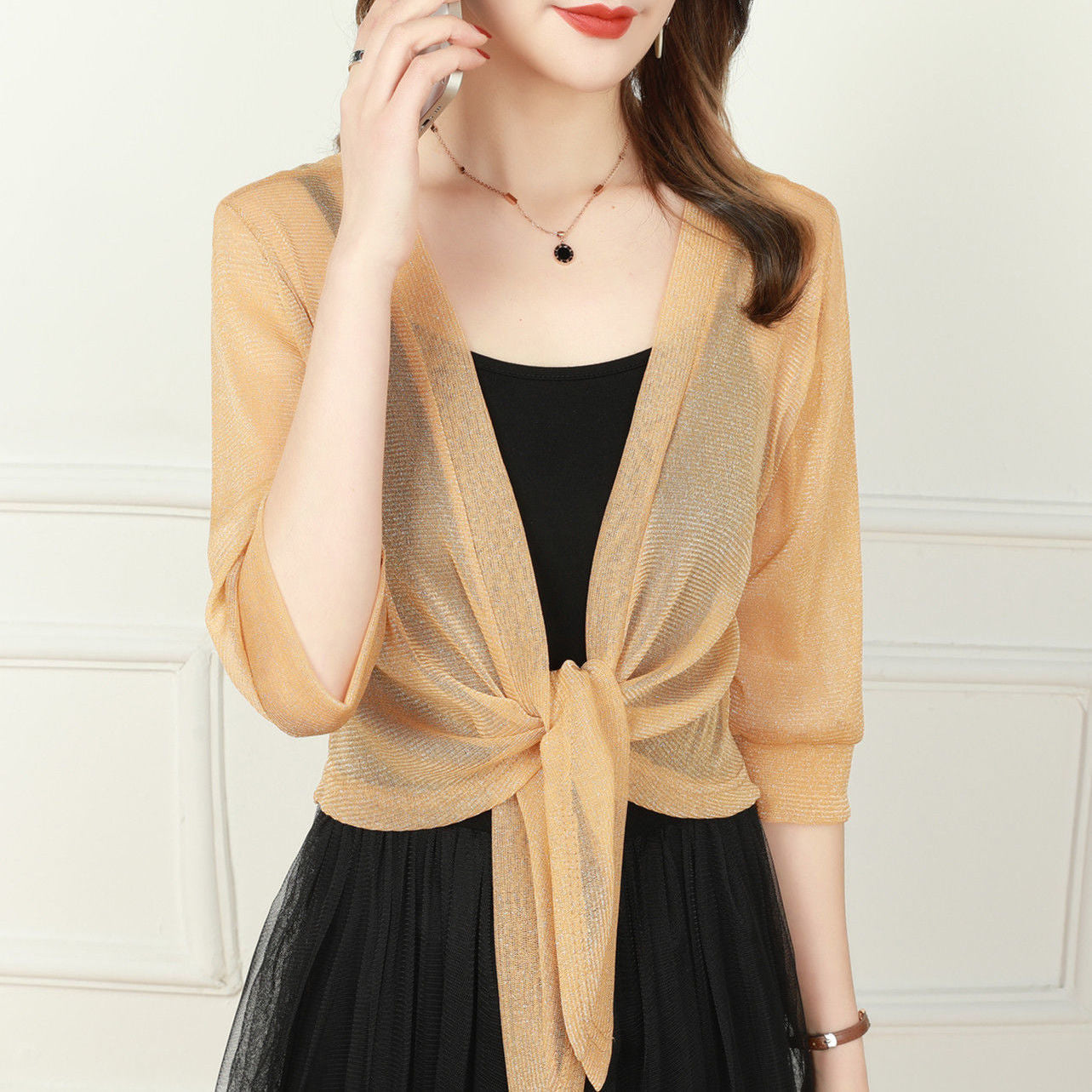 Damen Bluse | Offene Front mit Bindeelement und V-Ausschnitt