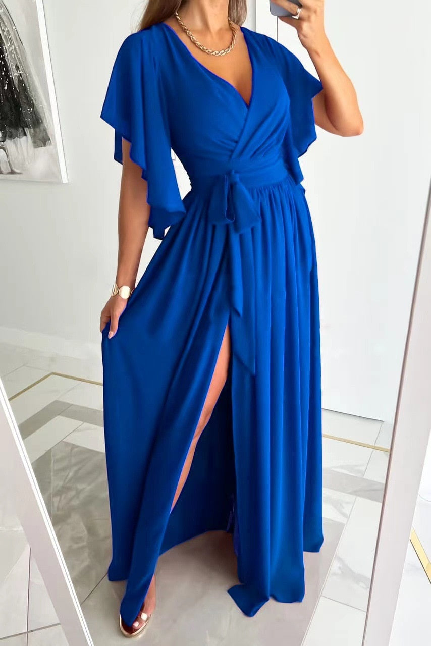 Kleid Damen | V-Ausschnitt mit Taillenband und Schlitz