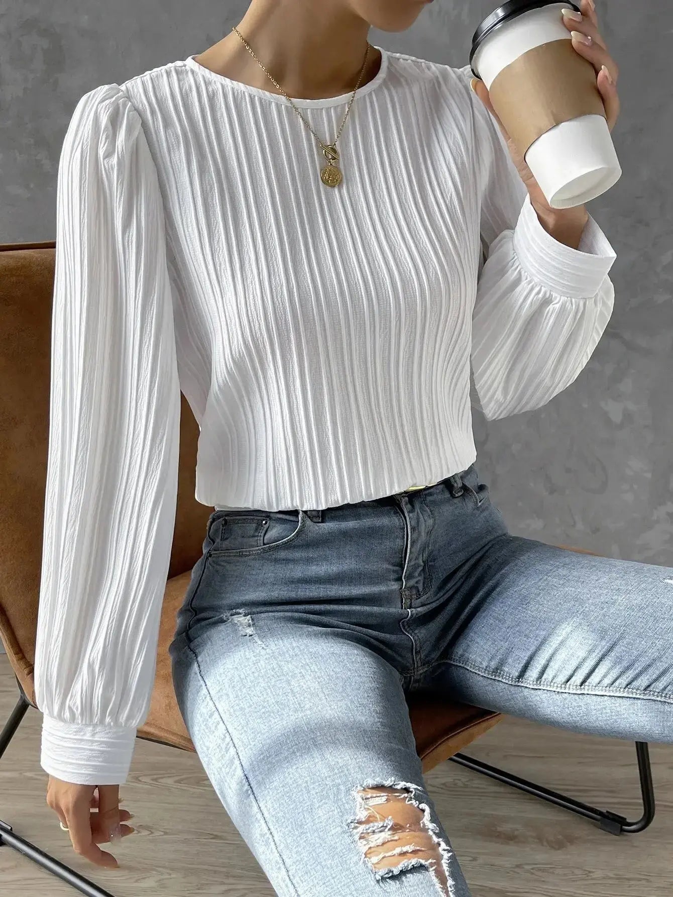 Bluse Damen | Rundhals mit Faltenstruktur