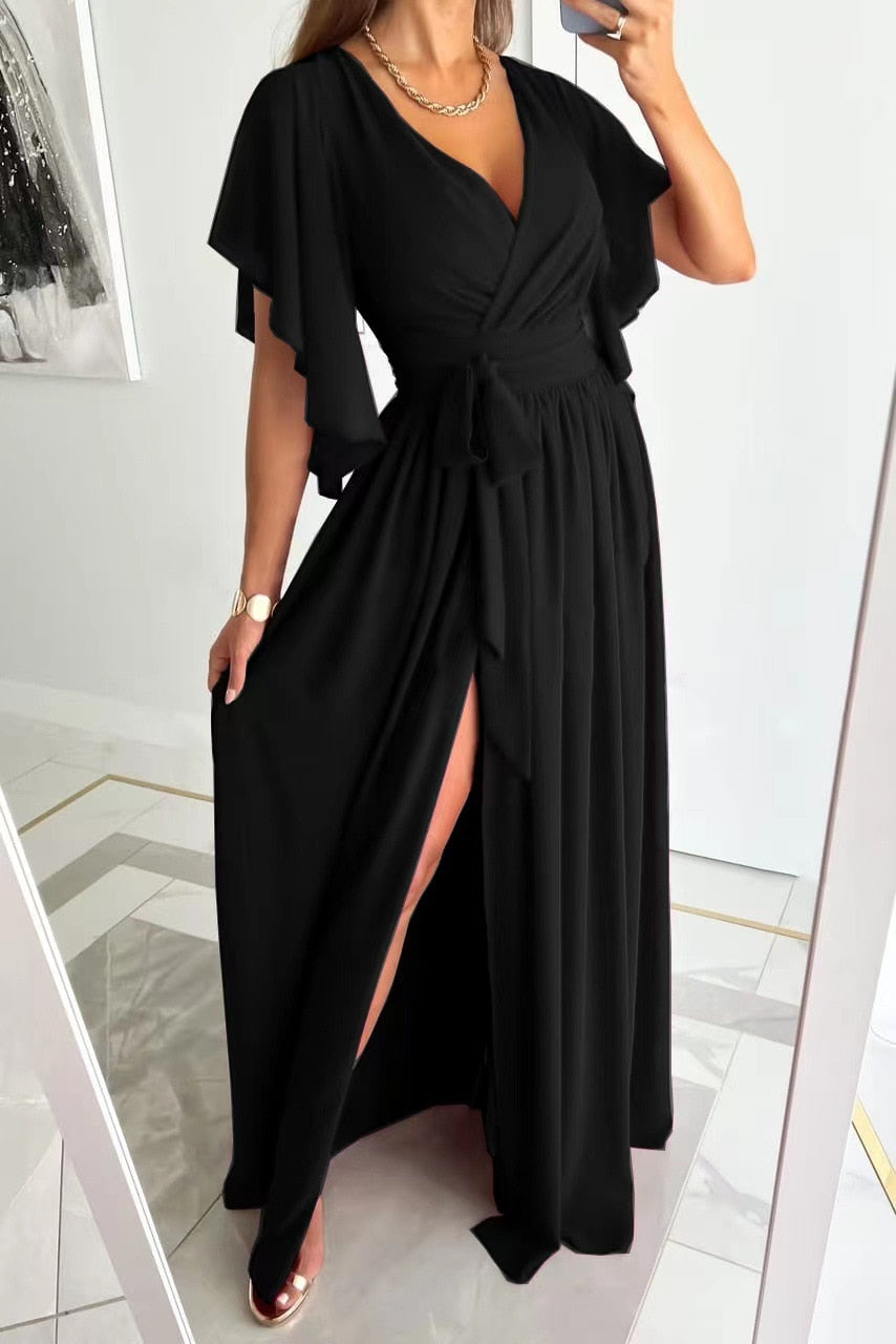 Kleid Damen | V-Ausschnitt mit Taillenband und Schlitz