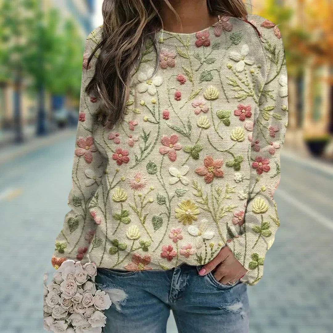 Pullover Damen | florale Stickstruktur Rundhals