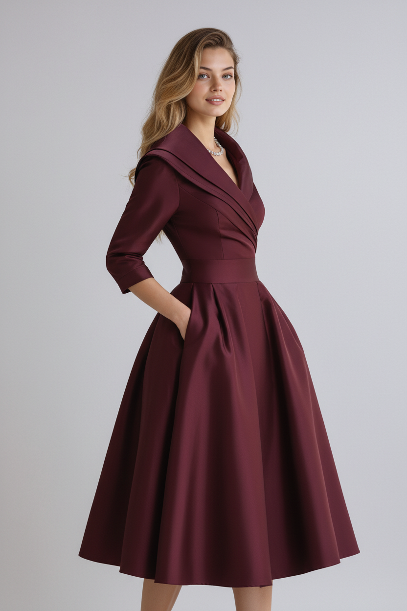 Damen Kleid | Wickeloberteil mit Kragen und ausgestelltem Rock