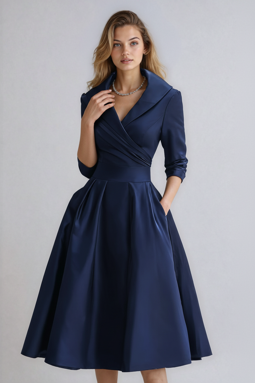 Damen Kleid | Wickeloberteil mit Kragen und ausgestelltem Rock