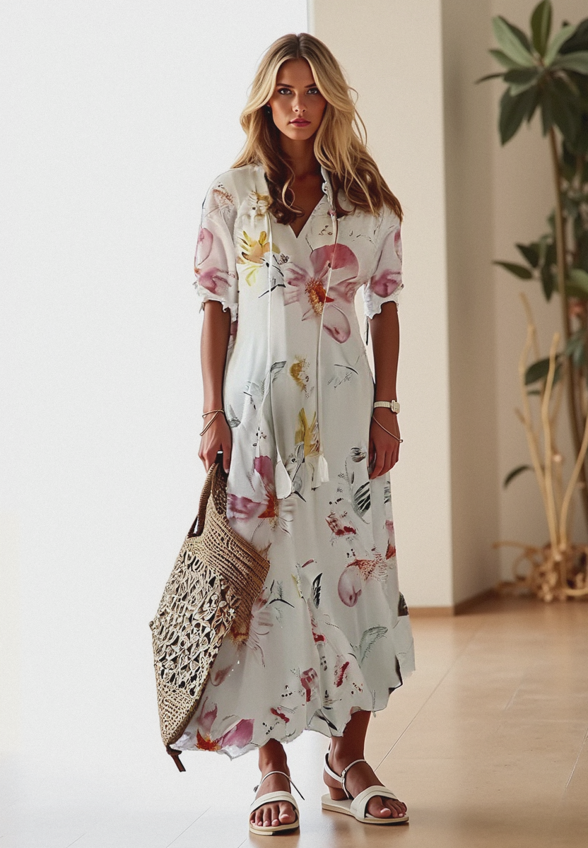 Kleid Damen | V Ausschnitt mit kurzen Ärmeln