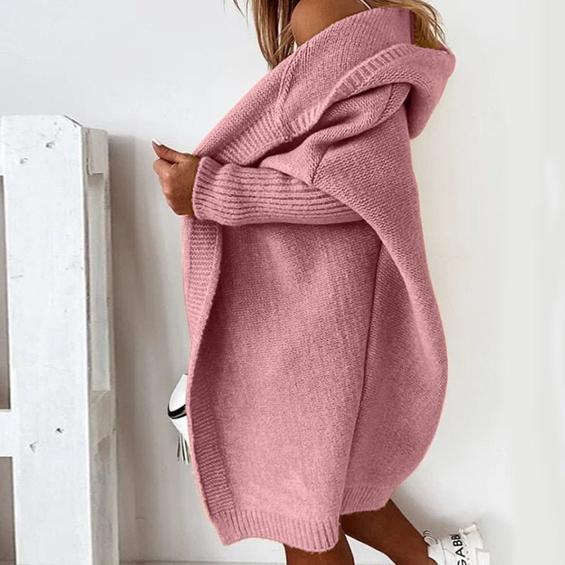 Damen Strickjacke | Kapuze und längere Ausführung