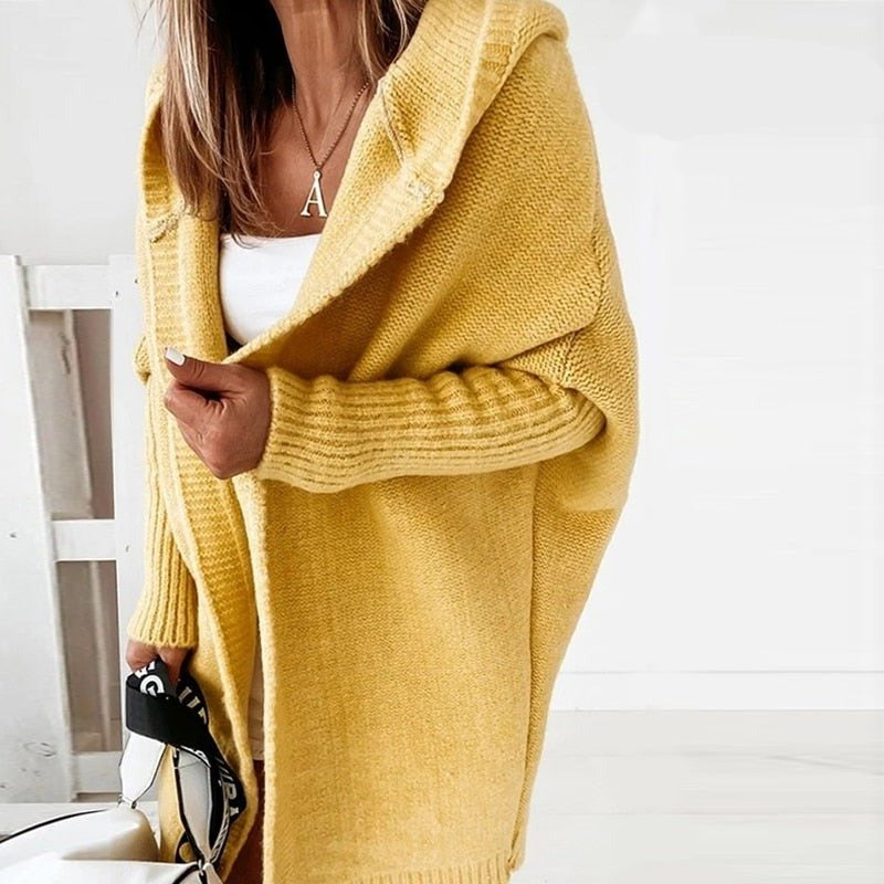 Damen Strickjacke | Kapuze und längere Ausführung