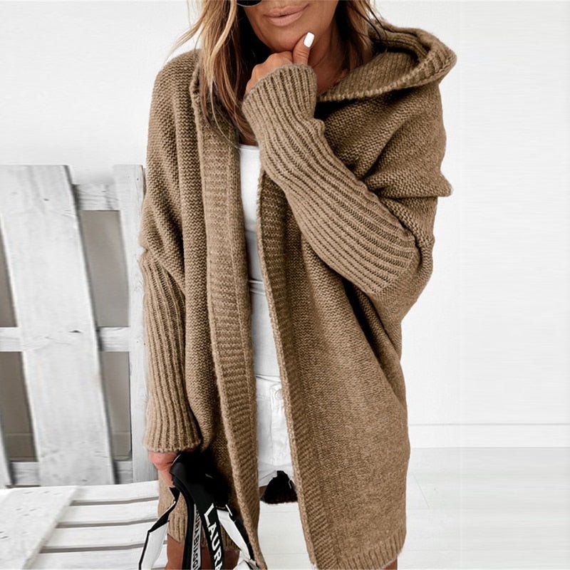 Damen Strickjacke | Kapuze und längere Ausführung
