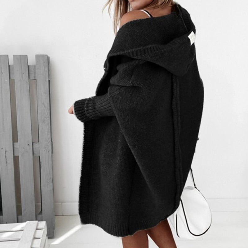 Damen Strickjacke | Kapuze und längere Ausführung