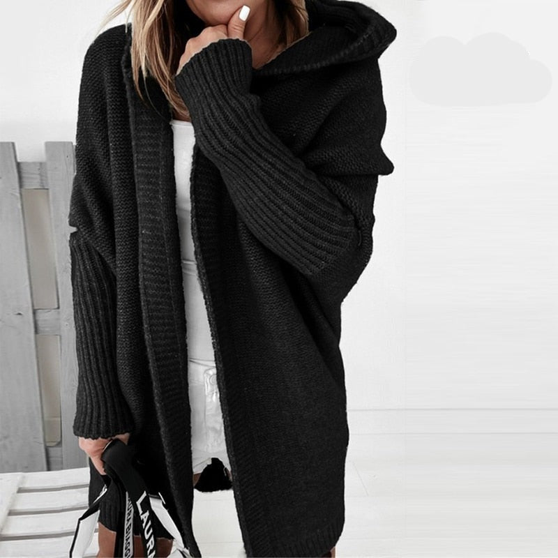 Damen Strickjacke | Kapuze und längere Ausführung
