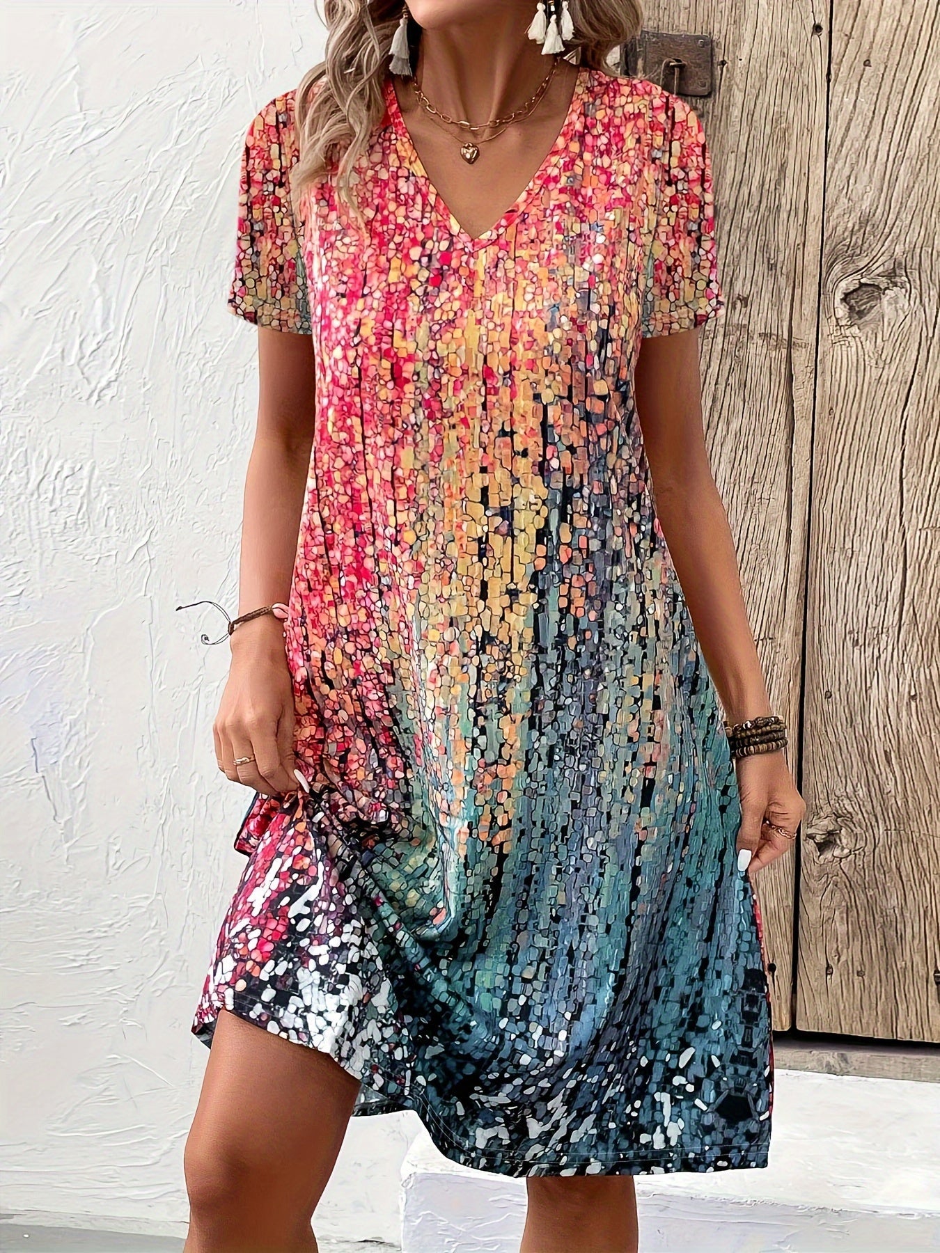 Kleid Damen | V-Ausschnitt mit grafischem Muster