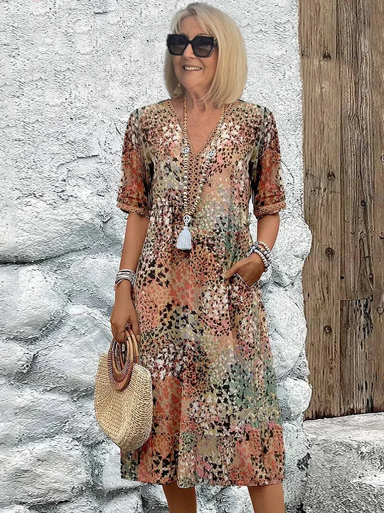 Kleid Damen | V-Ausschnitt mit Allover-Muster
