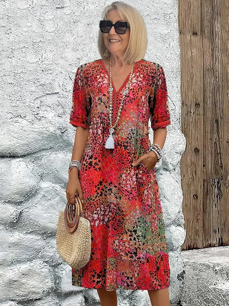 Kleid Damen | V-Ausschnitt mit Allover-Muster