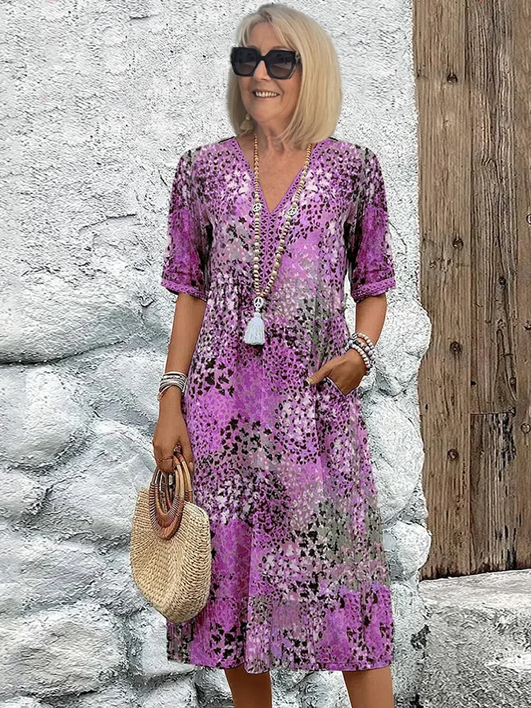 Kleid Damen | V-Ausschnitt mit Allover-Muster