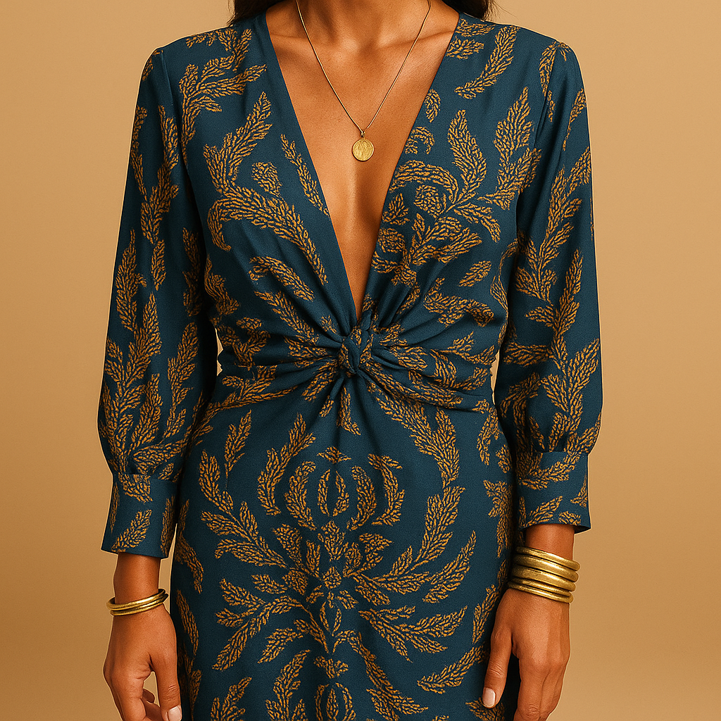 Damen Kleid | V-Ausschnitt mit Langarm und Taillenknoten